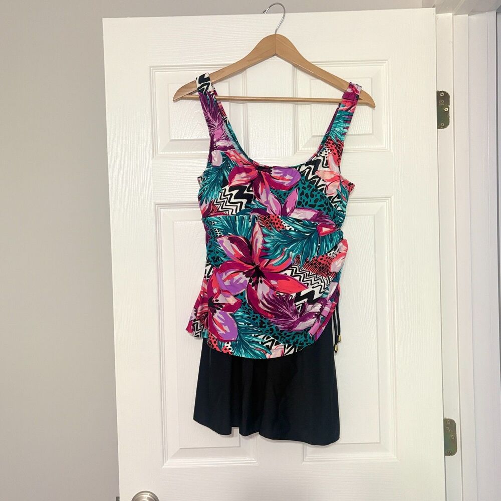 Maxine of Hollywood Swimsuit Size 12 Scoop Faux Tankini Tummy Control Floral NWT